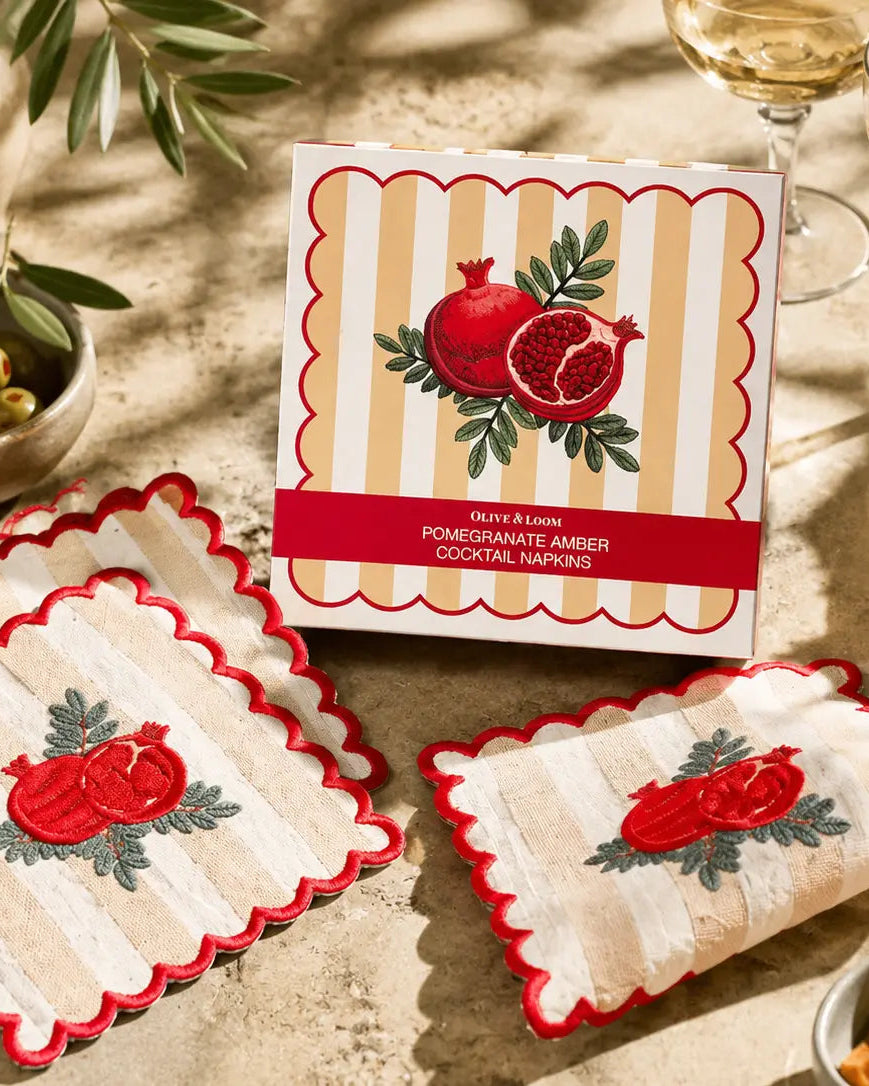 Pomegranate Amber Embroidered Cocktail Napkins, Set of 4