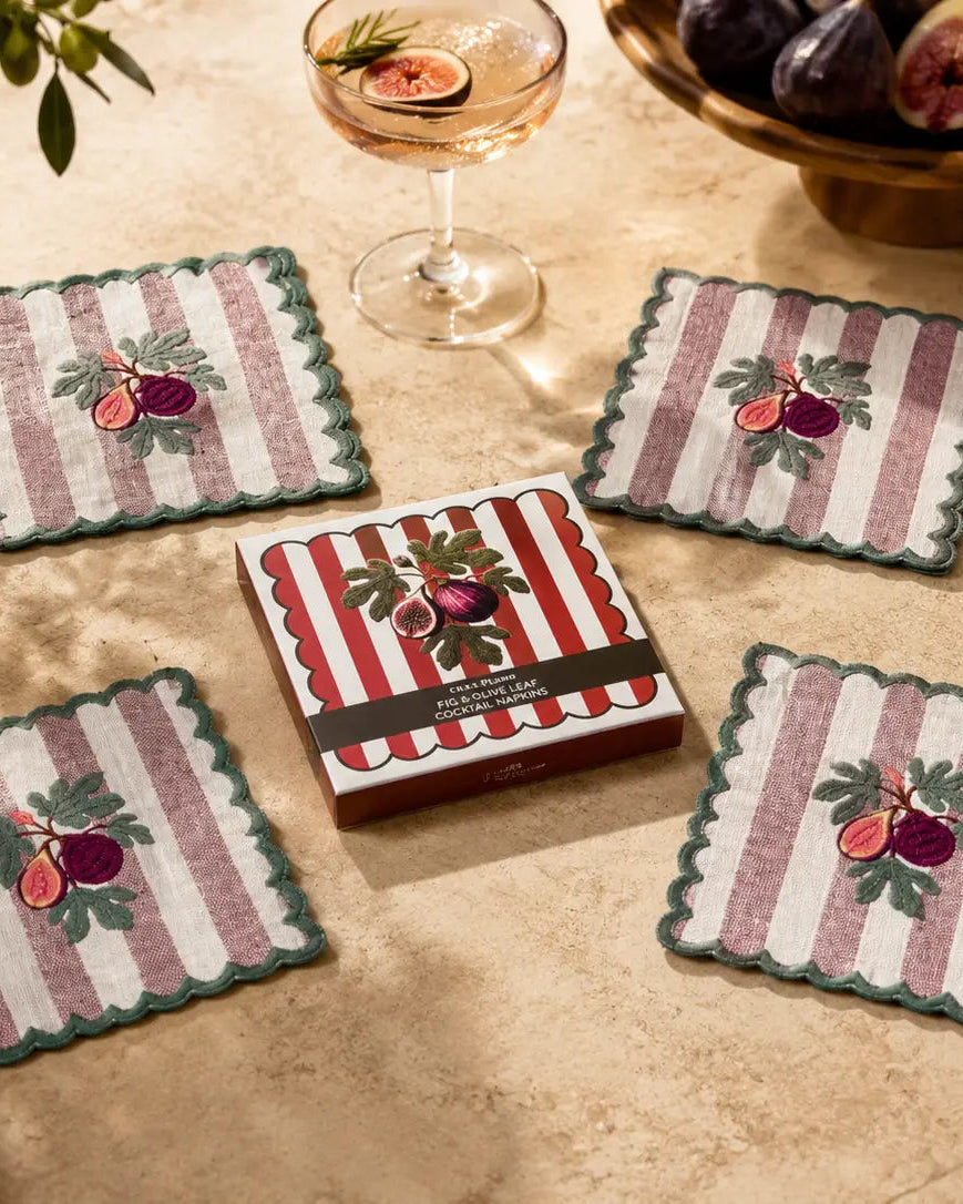 Fig & Olive Leaf Embroidered Cocktail Napkins, Set of 4