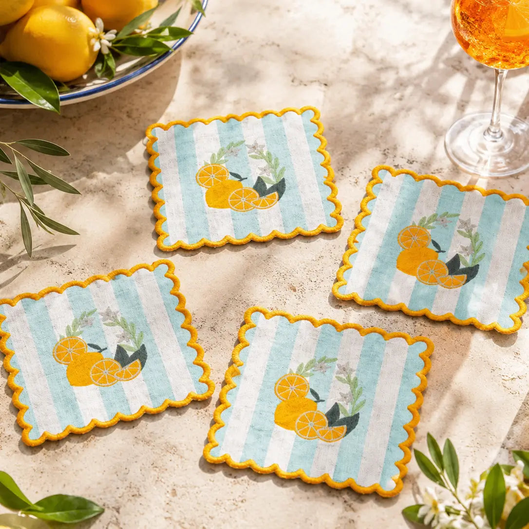 Lemon Harvest Embroidered Cocktail Napkins, Set of 4