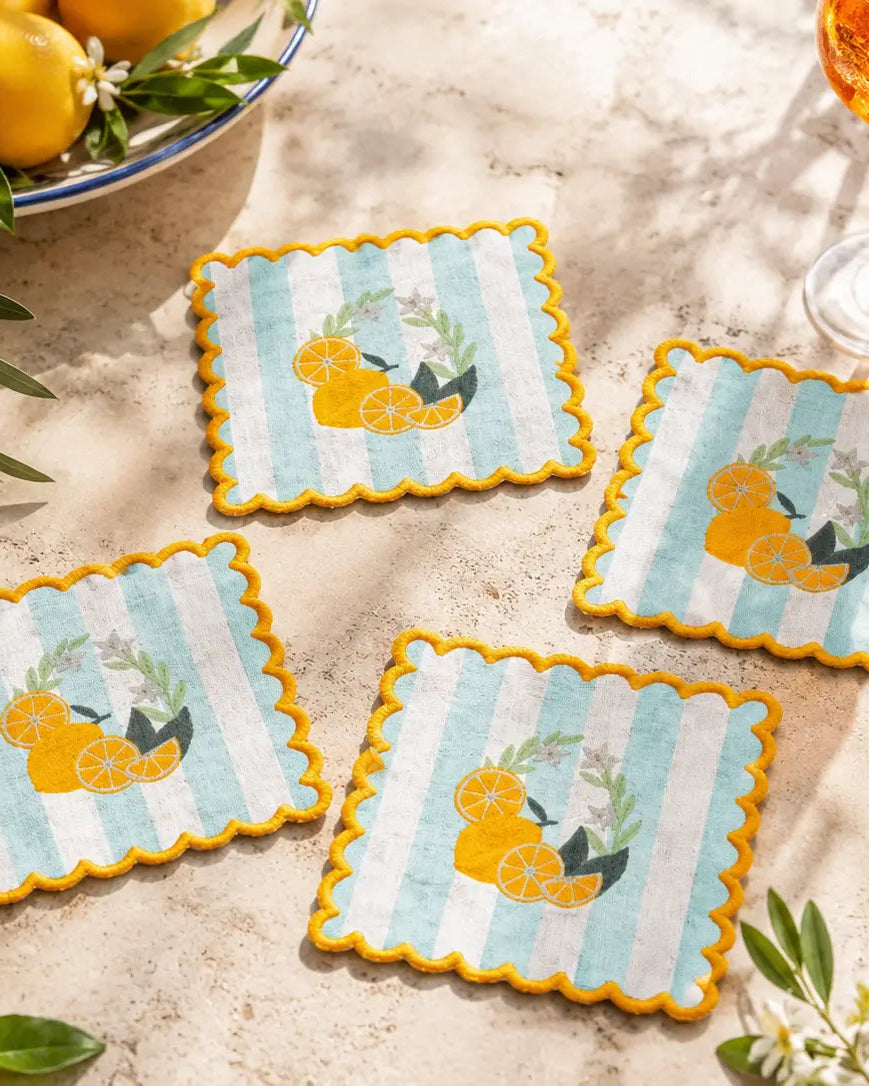 Lemon Harvest Embroidered Cocktail Napkins, Set of 4