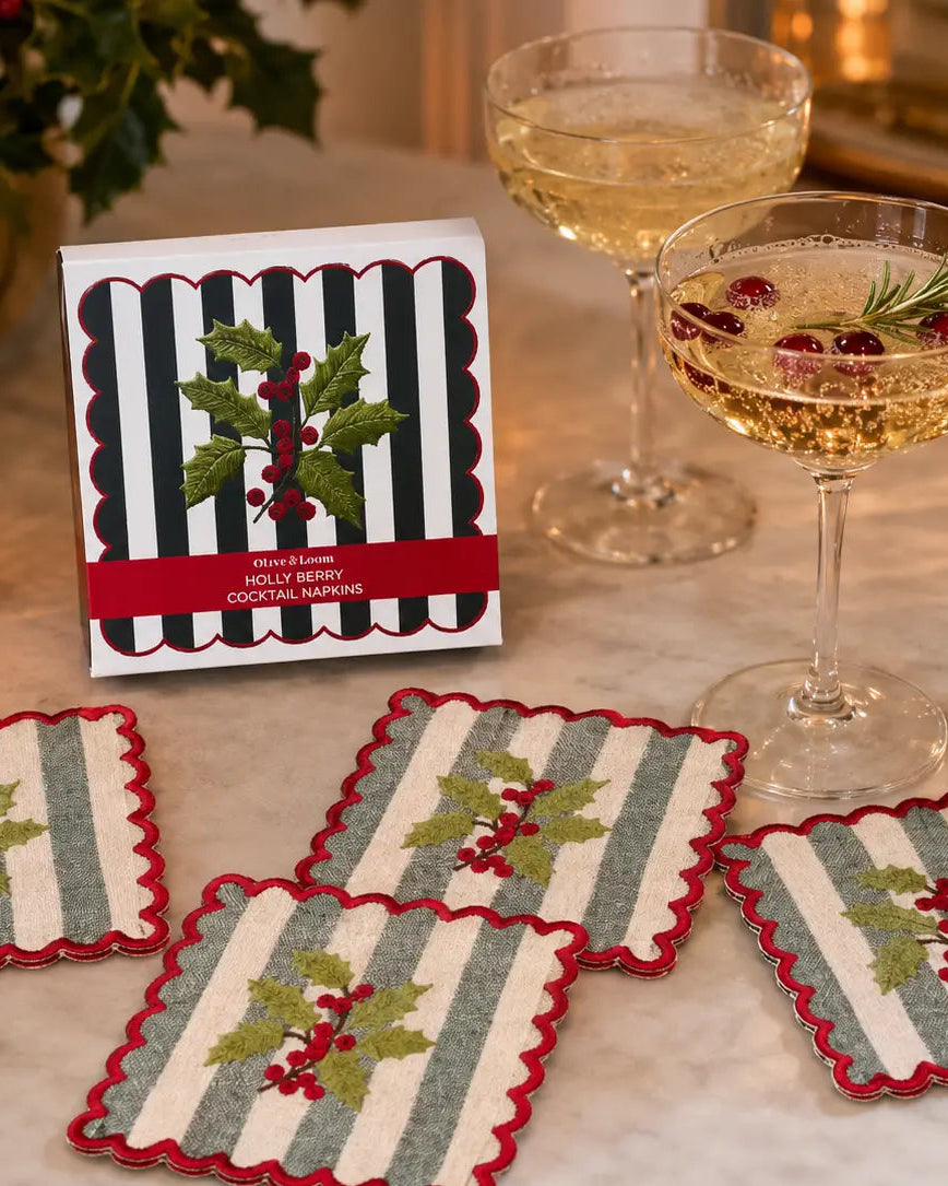 Holly Berry Embroidered Cocktail Napkins, Set of 4