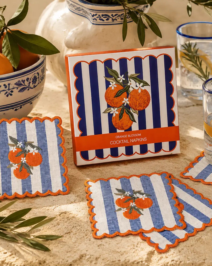 Orange Blossom Embroidered Cocktail Napkins, Set of 4