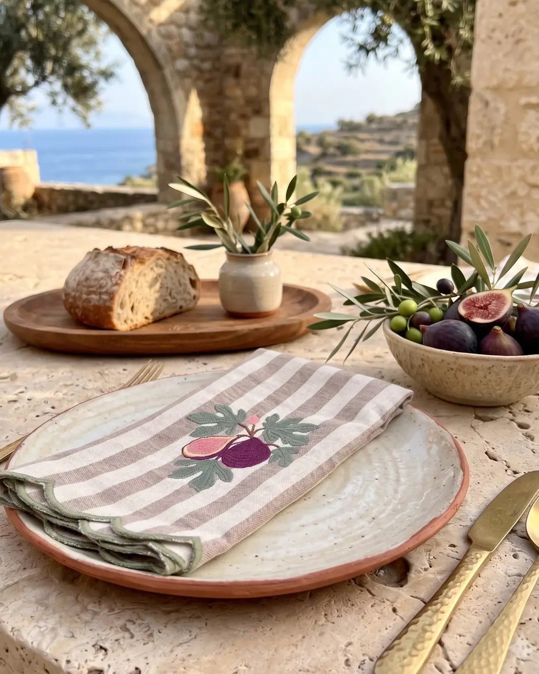 Fig & Olive Leaf Embroidered Dinner Napkins, Set of 4