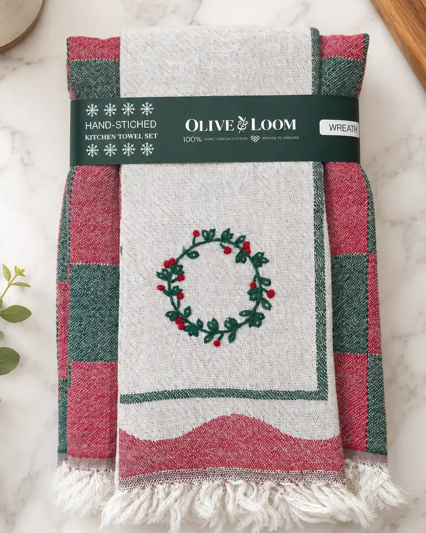 Wreath Hand-Stitched Tea Towel Set