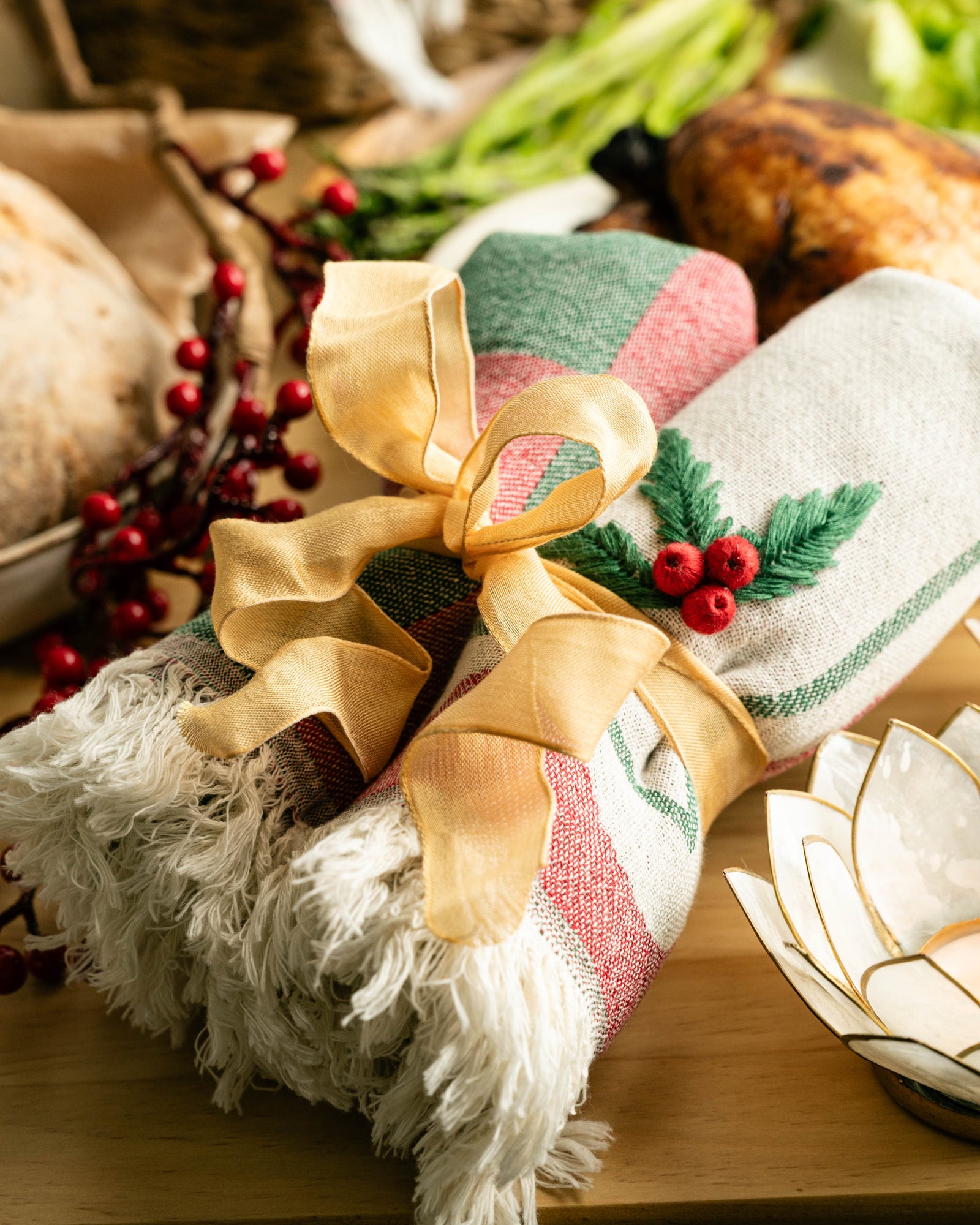 Holly Hand-Stitched Tea Towel Set
