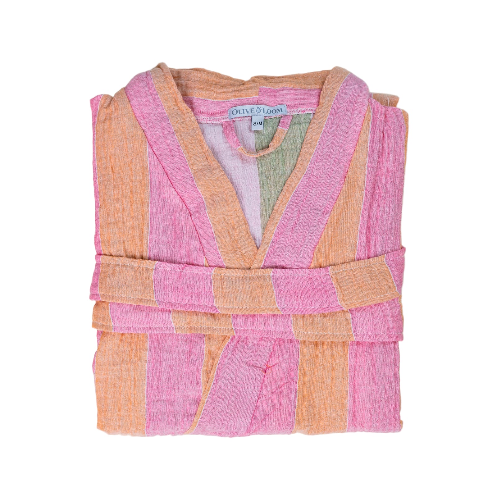 Folded pink and orange peach robe with 'Olive & Loom' label on a white background
