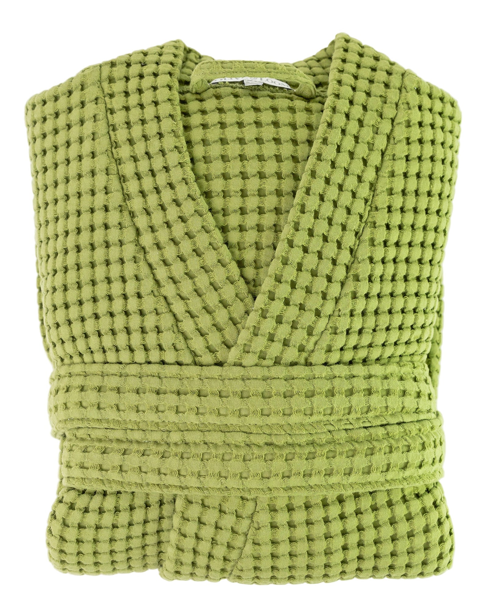 Sage green waffle robe with a visible olive and loom brand label on a white background