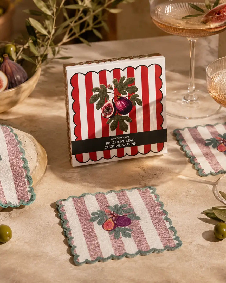 Fig & Olive Leaf Embroidered Cocktail Napkins, Set of 4