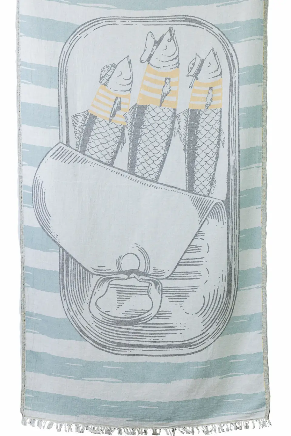 A mint and white striped Turkish beach towel with a jacquard design featuring a sardine tin.