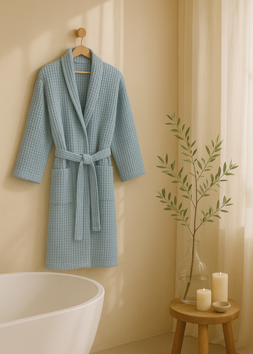Sky blue colored waffle bath robe in a stylish bathroom scene next to a modern tub and lit candles