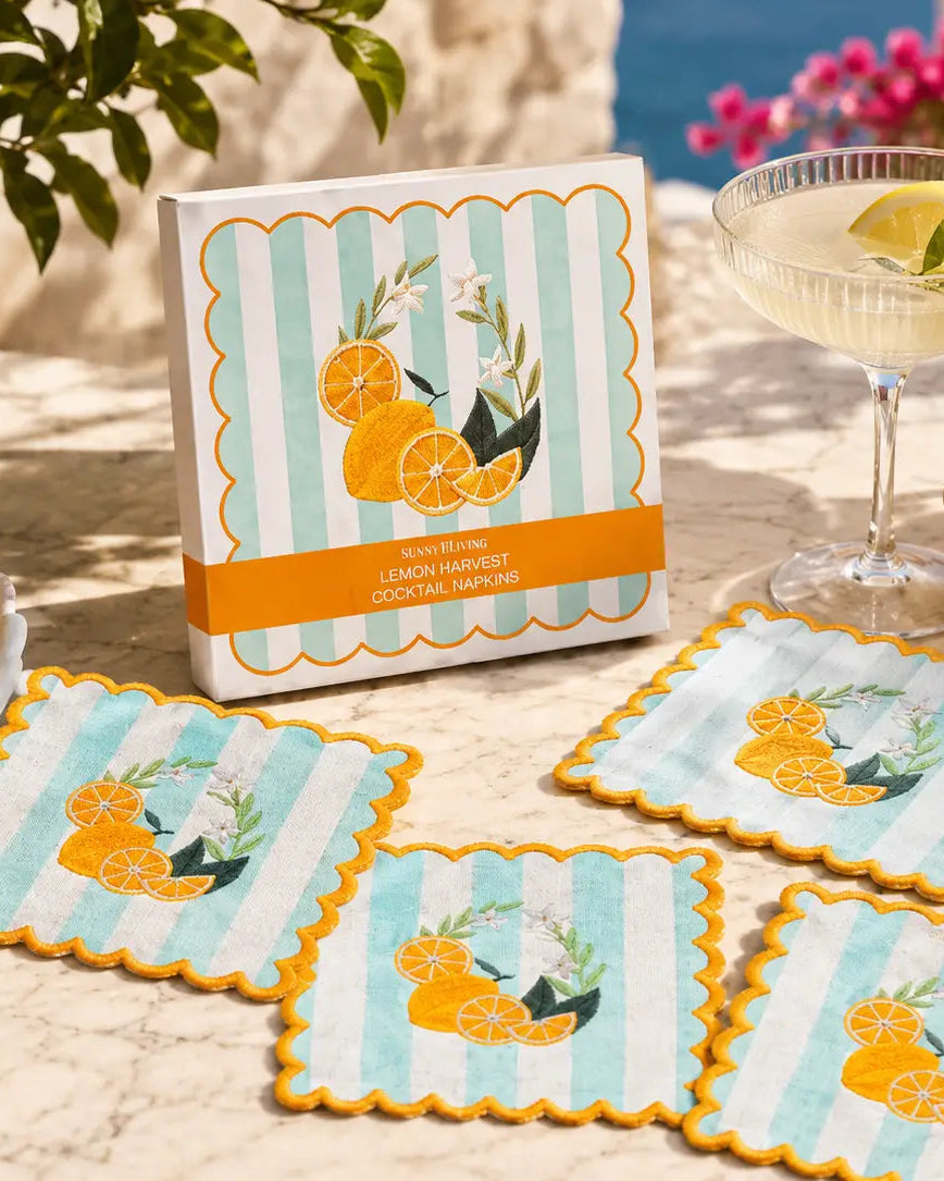 Lemon Harvest Embroidered Cocktail Napkins, Set of 4