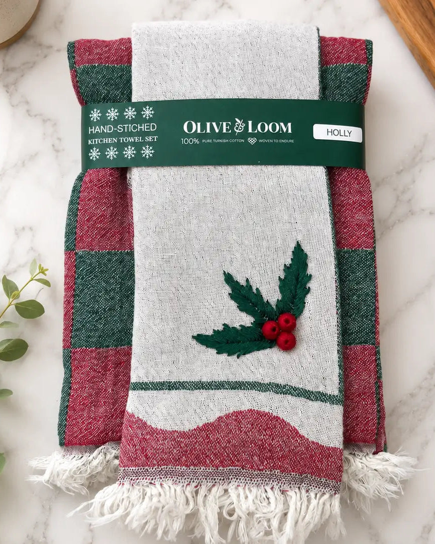 Holly Hand-Stitched Tea Towel Set