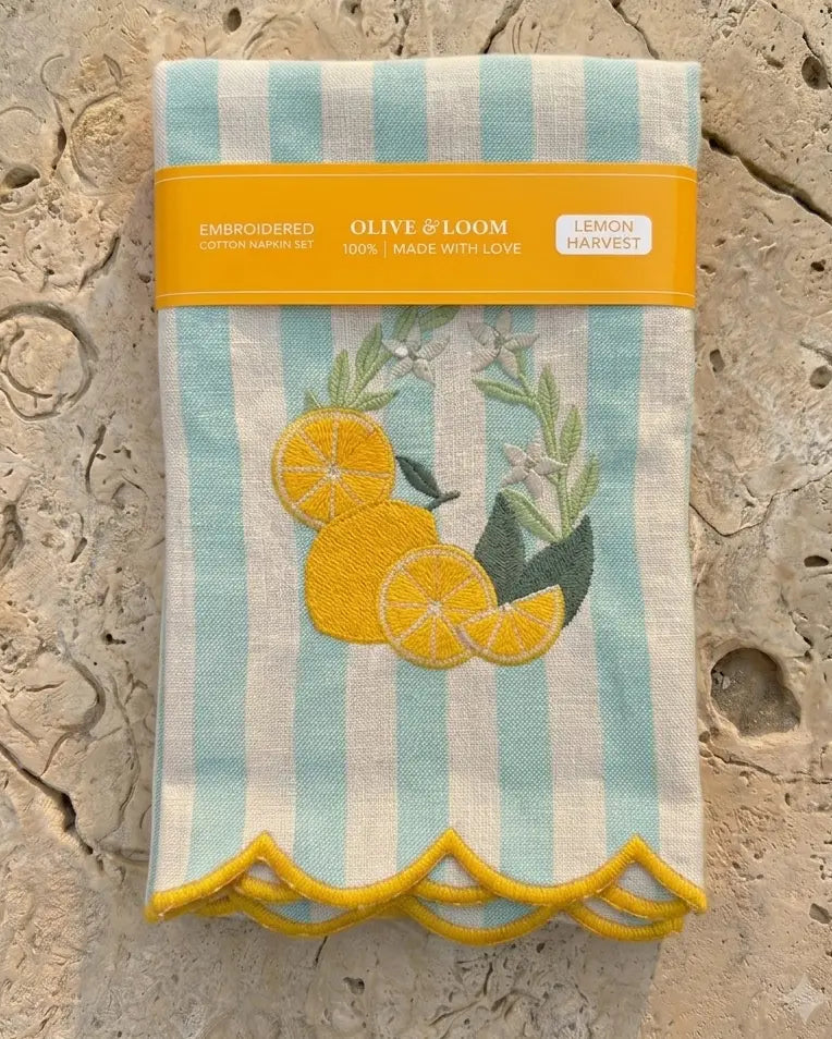 Lemon Harvest Embroidered Dinner Napkins, Set of 4