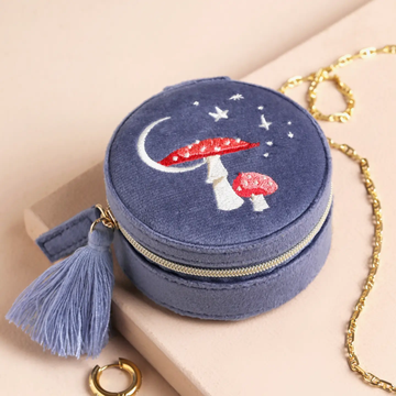 Moonrise Mini Round Velvet Travel Jewelry Case in Blue
