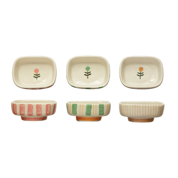 Hand-Painted Stoneware Dish with Stripes & Flower