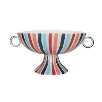 Hand-Painted Stoneware Footed Bowl with Handles & Stripes