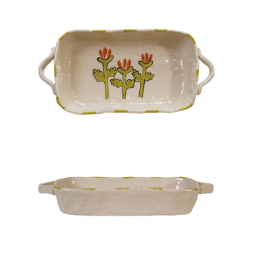 Hand-Painted Stoneware Baker with Flower Image & Handles