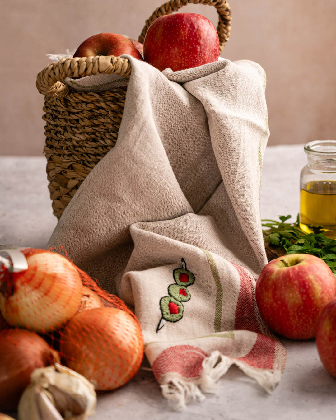 Olive Hand-Stitched Kitchen Towel