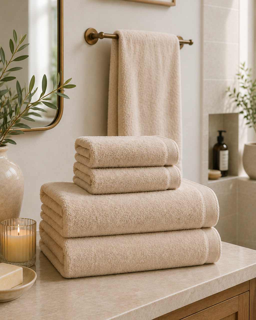 2 Body + 2 Hand - Sand Plush Turkish Cotton Towel