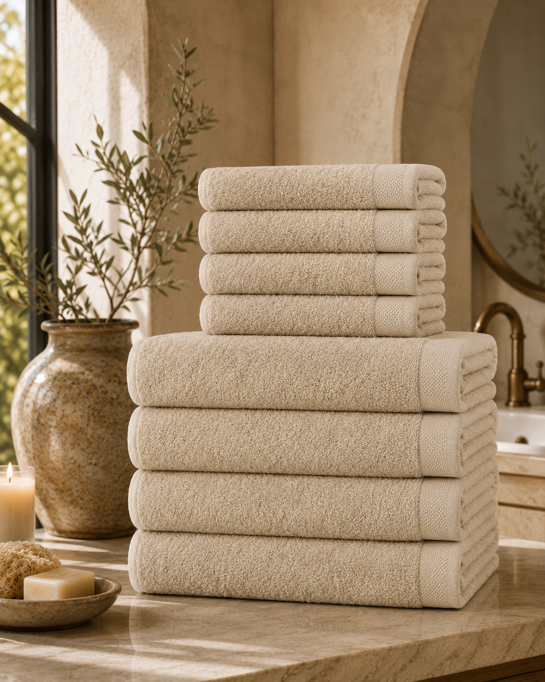 4 Body + 4 Hand - Sand Plush Turkish Cotton Towel