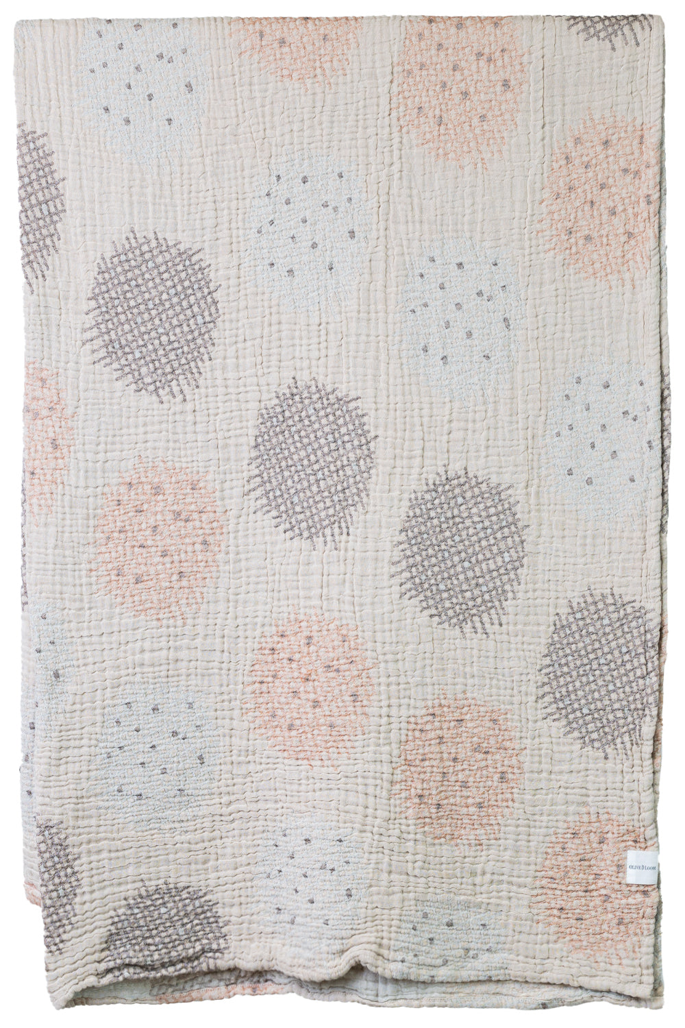 Textured fabric blanket with circular cross hatch patterns in pink and gray on a white background
