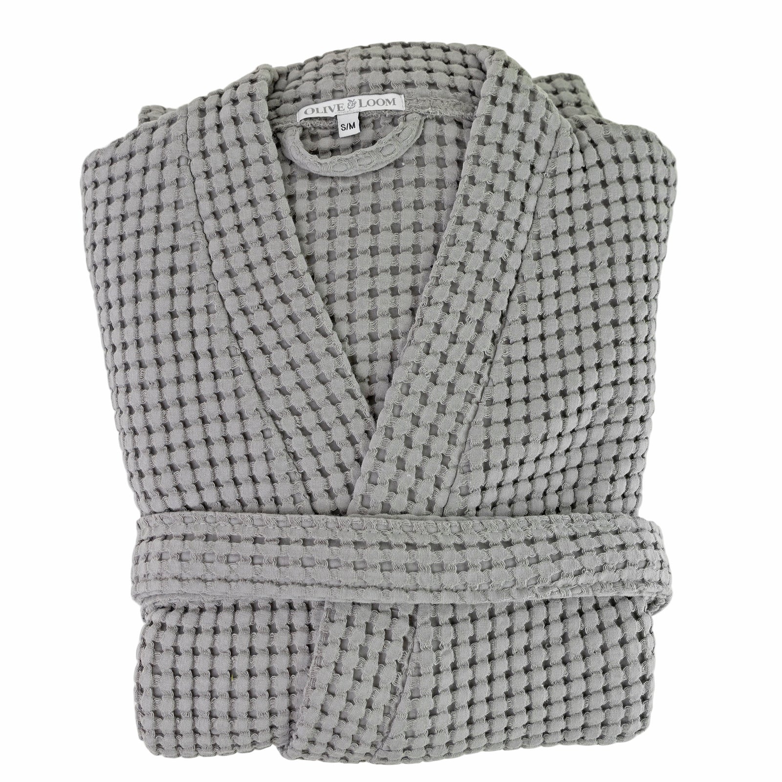 Grey waffle robe with a visible olive and loom brand label on a white background