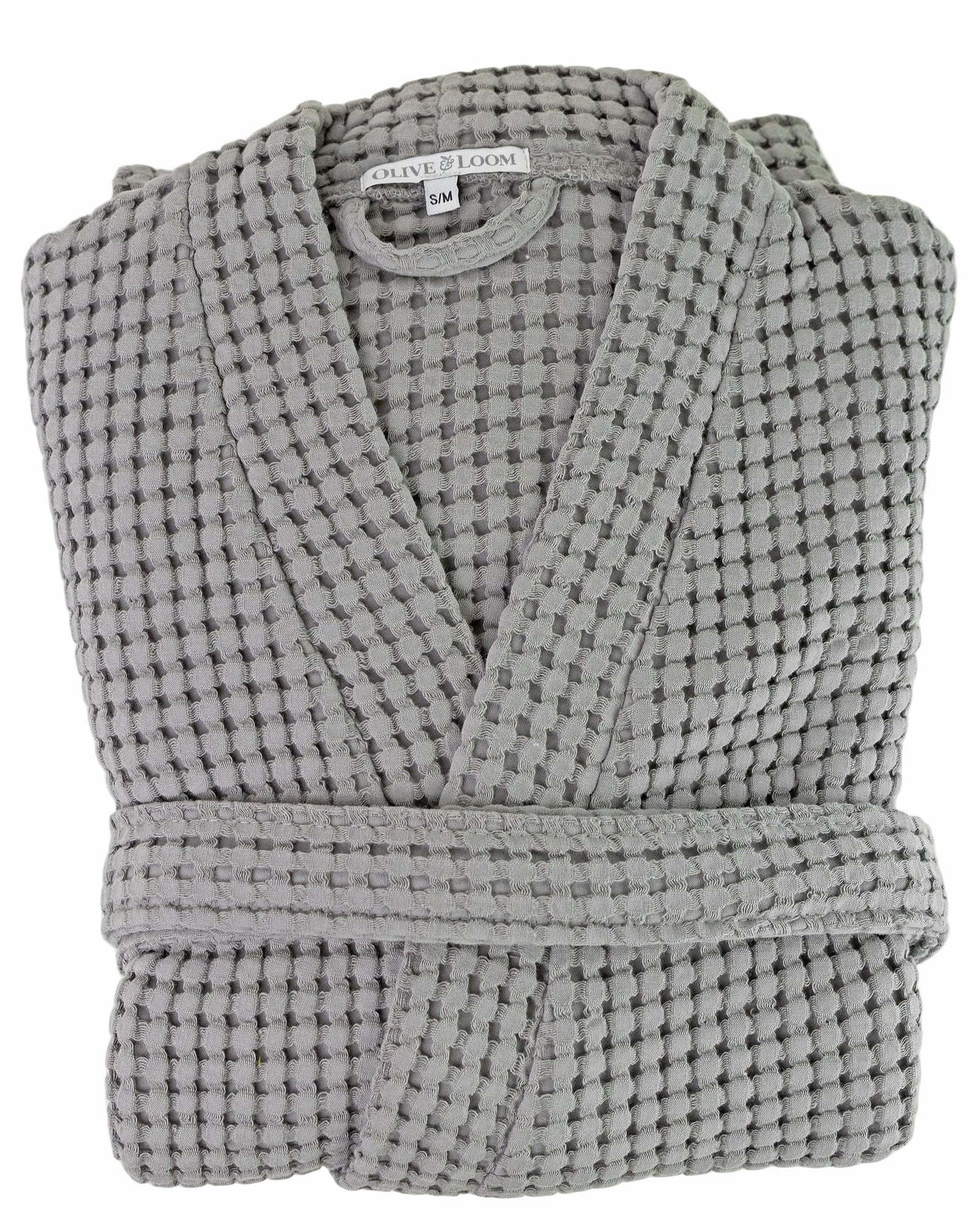 Grey waffle robe with a visible olive and loom brand label on a white background