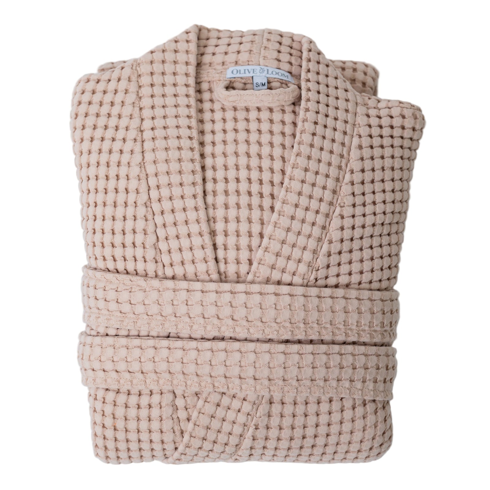 Sienna pink waffle robe with a visible olive and loom brand label on a white background