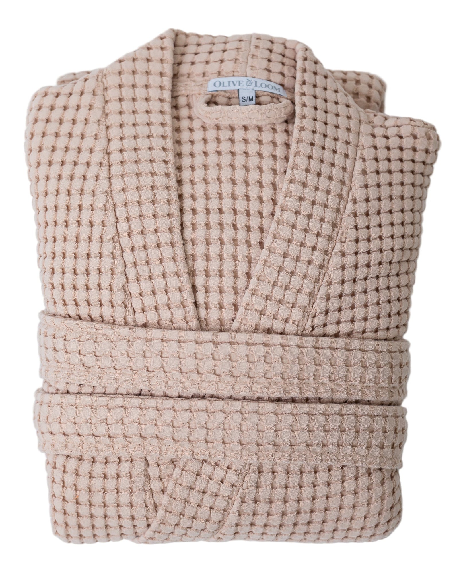 Sienna pink waffle robe with a visible olive and loom brand label on a white background