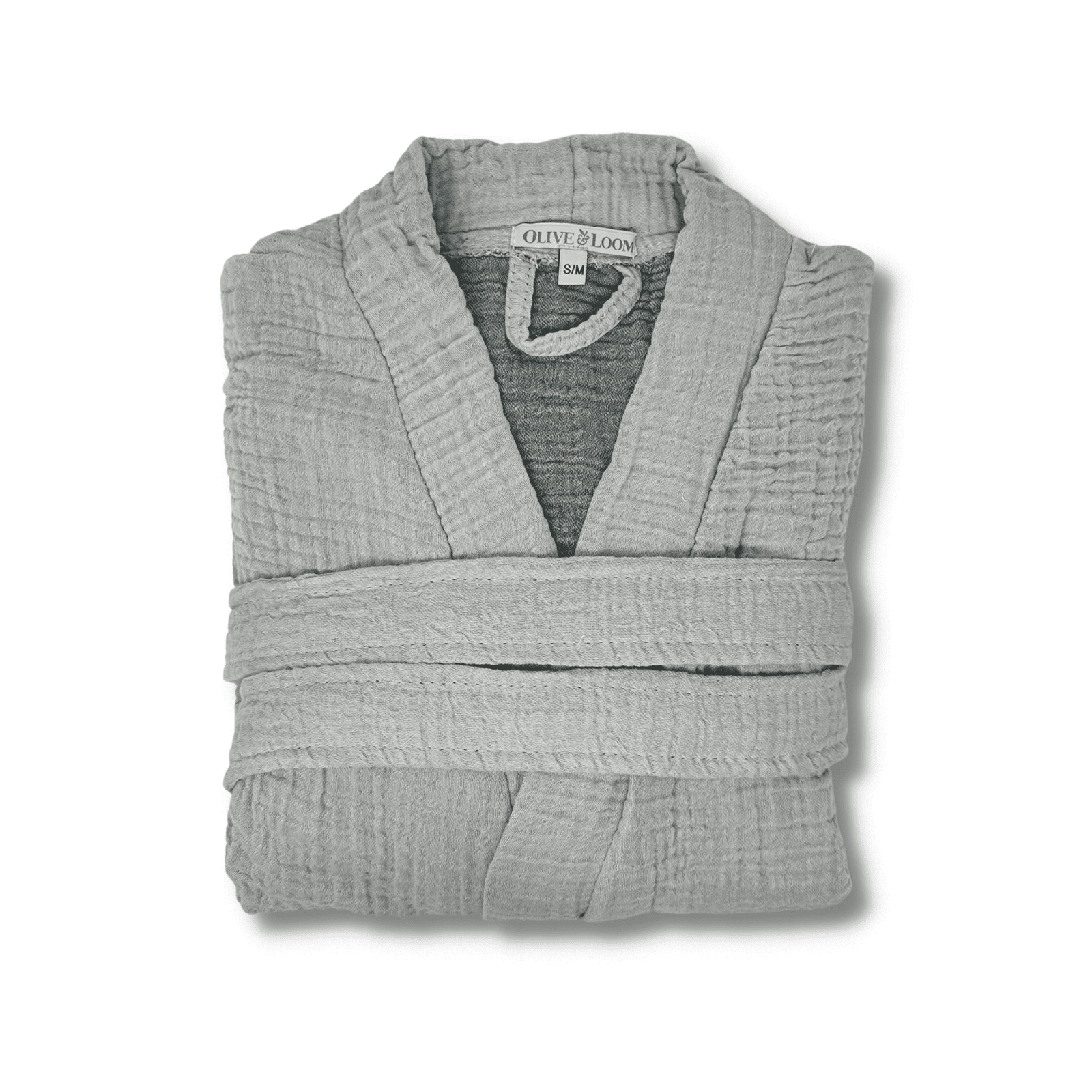 Grey muslin cotton robe folded on a white background