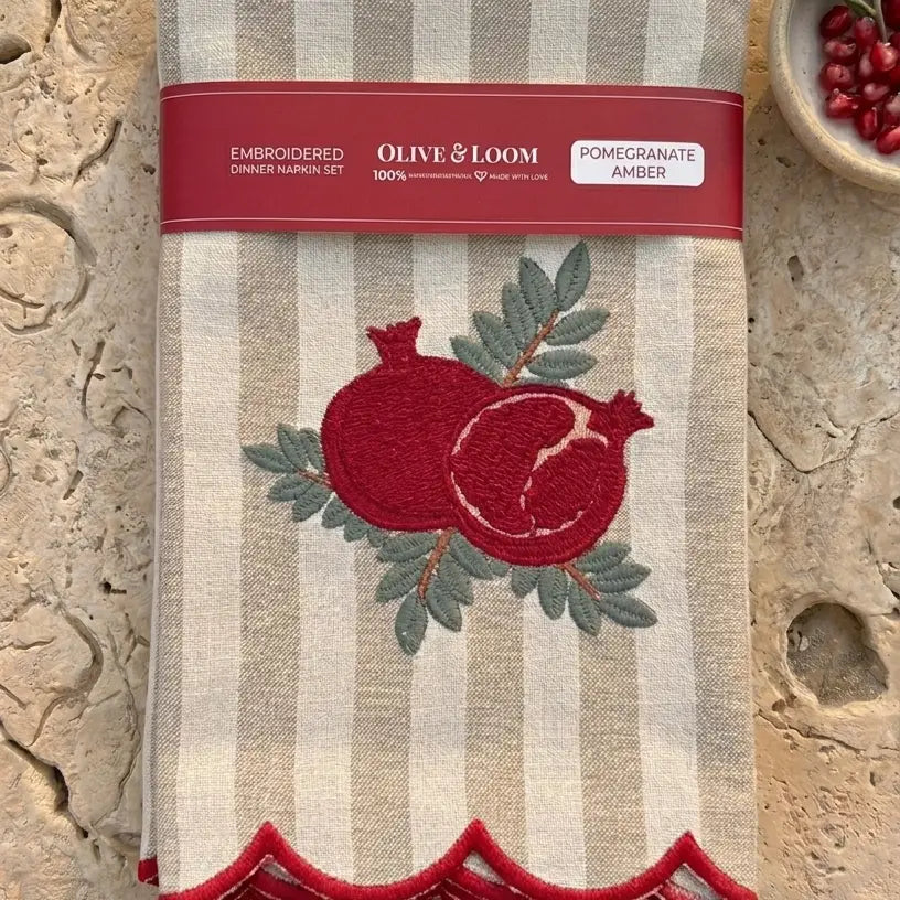 Pomegranate Amber Embroidered Dinner Napkins, Set of 4
