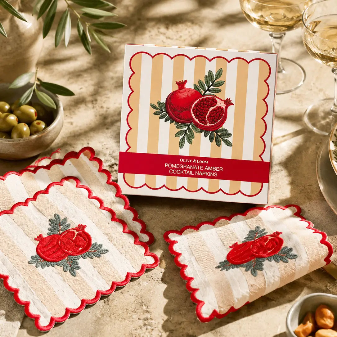 Pomegranate Amber Embroidered Cocktail Napkins, Set of 4