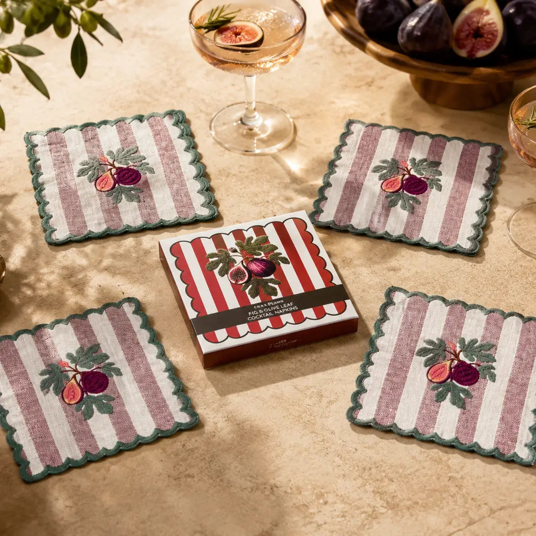 Fig & Olive Leaf Embroidered Cocktail Napkins, Set of 4
