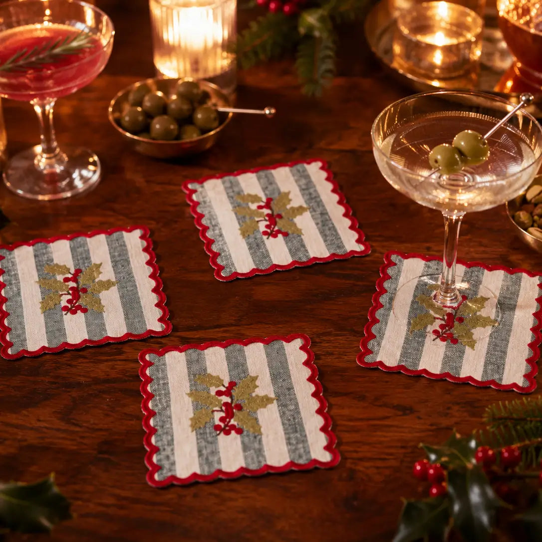 Holly Berry Embroidered Cocktail Napkins, Set of 4