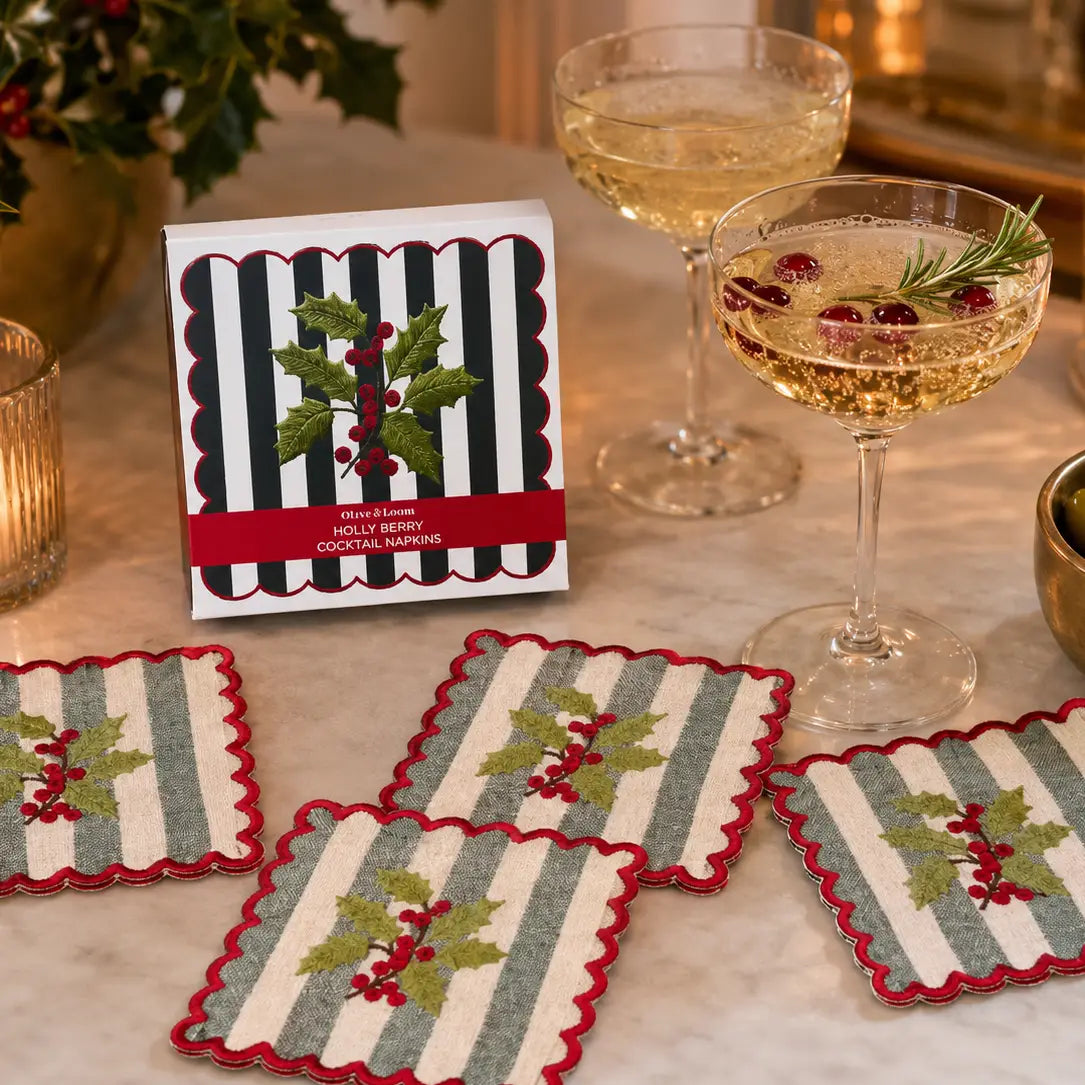 Holly Berry Embroidered Cocktail Napkins, Set of 4