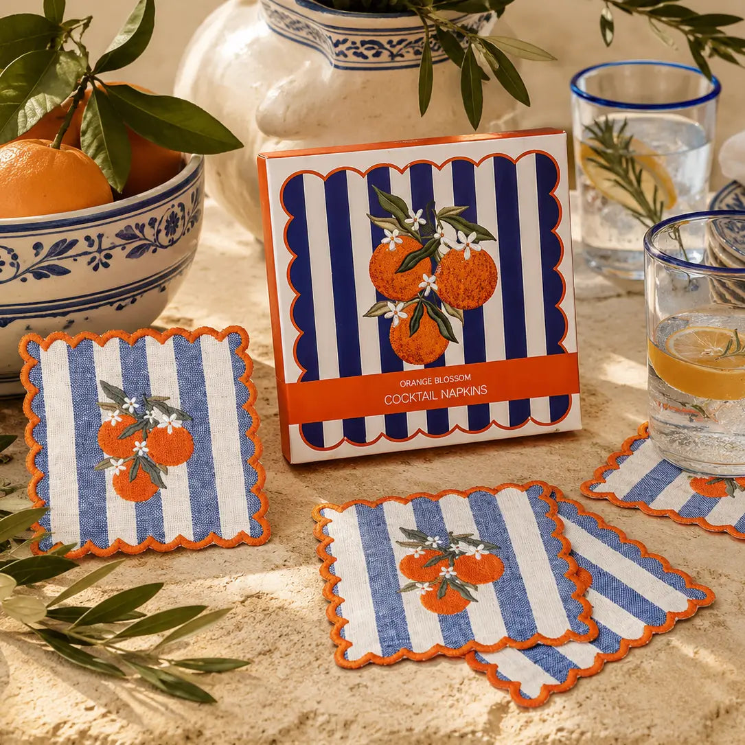 Orange Blossom Embroidered Cocktail Napkins, Set of 4