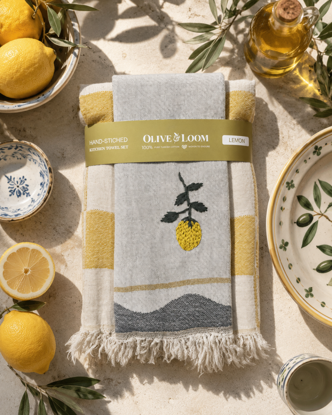 Lemon Hand-Stitched Towel Set