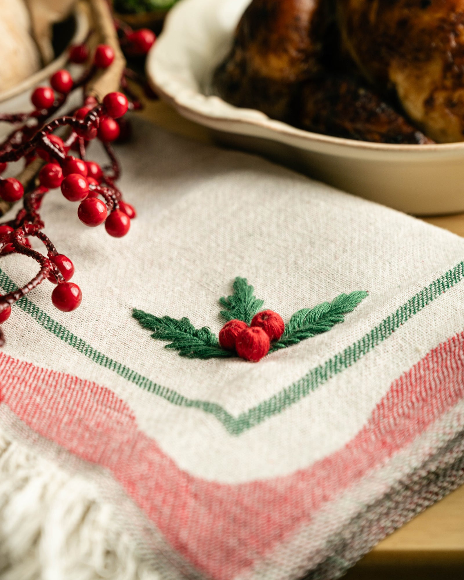 Holly Hand-Stitched Tea Towel Set