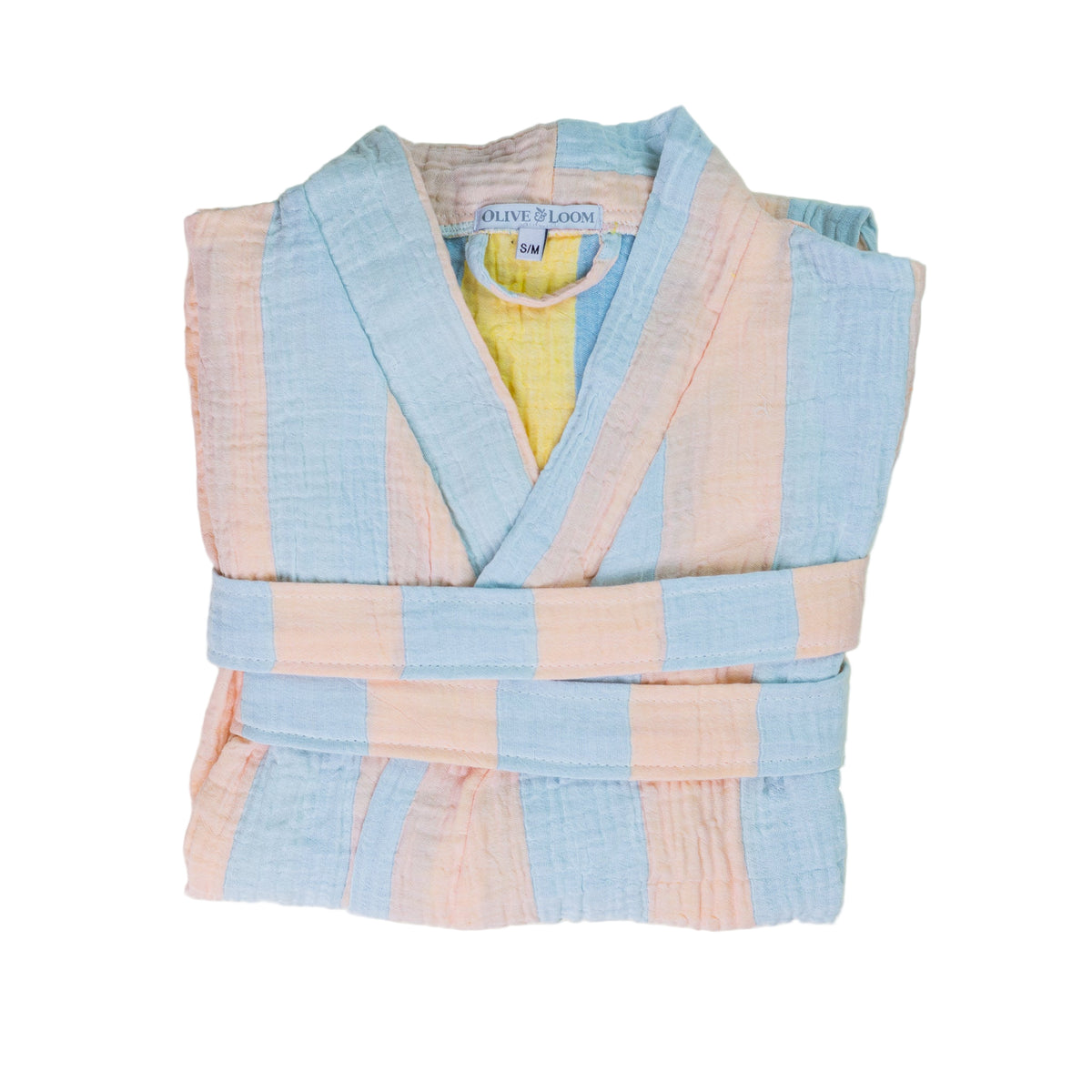 Folded sky blue and light peach robe with 'Olive & Loom' label on a white background