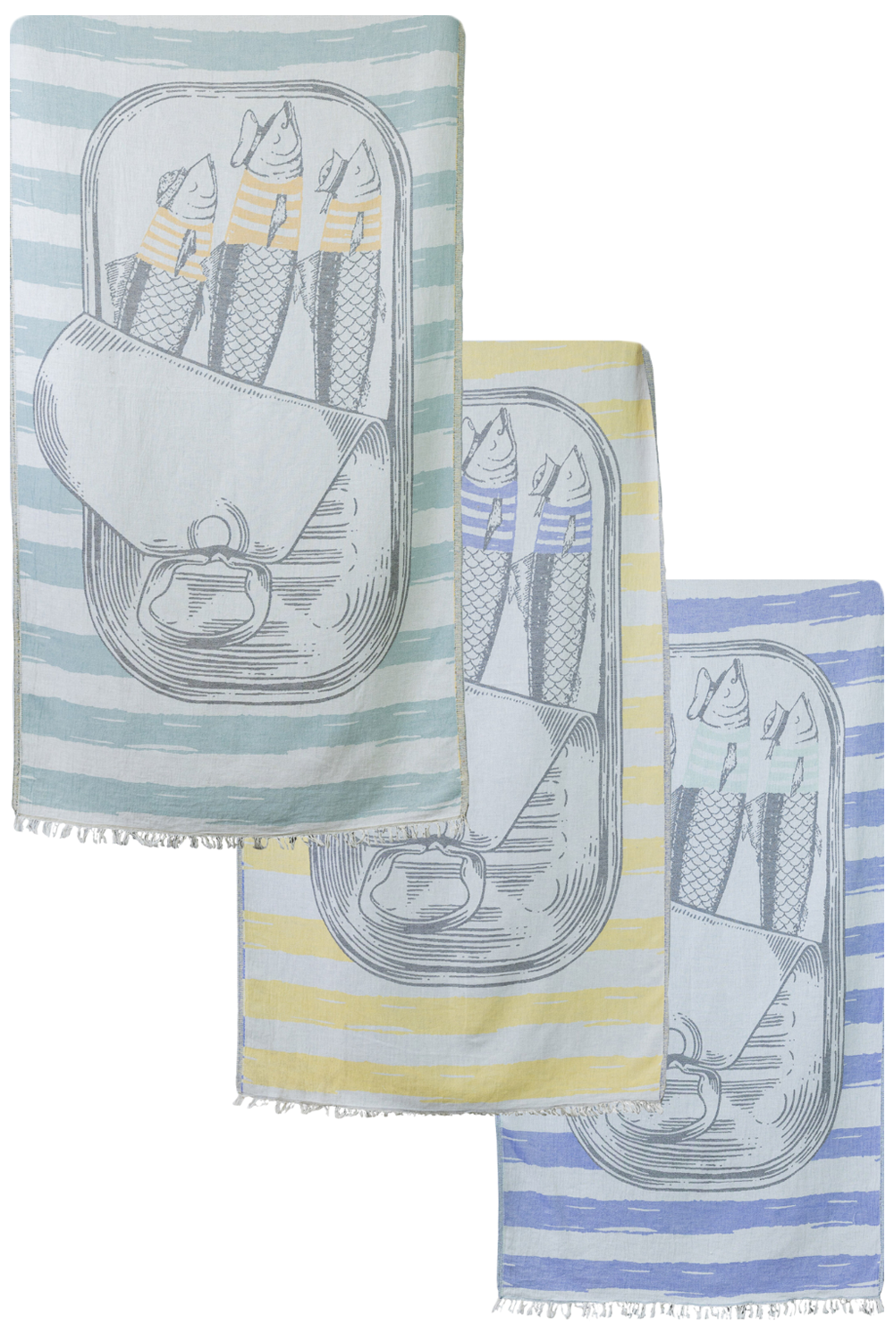 Set of three beach towels with sailboat design on a white background