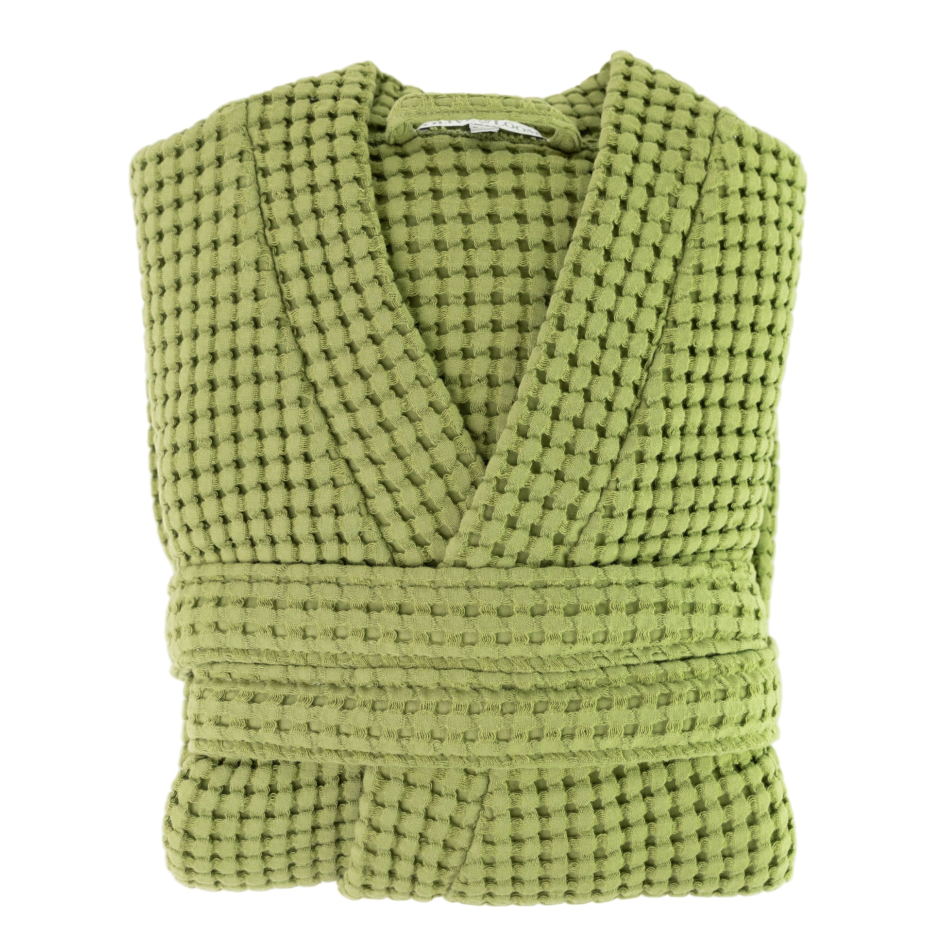 Folded waffle robe in sage green against a white background