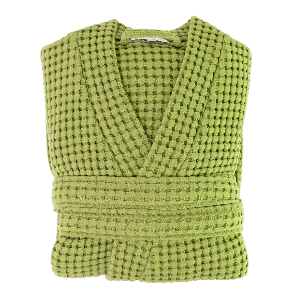 Sage green waffle robe with a visible olive and loom brand label on a white background