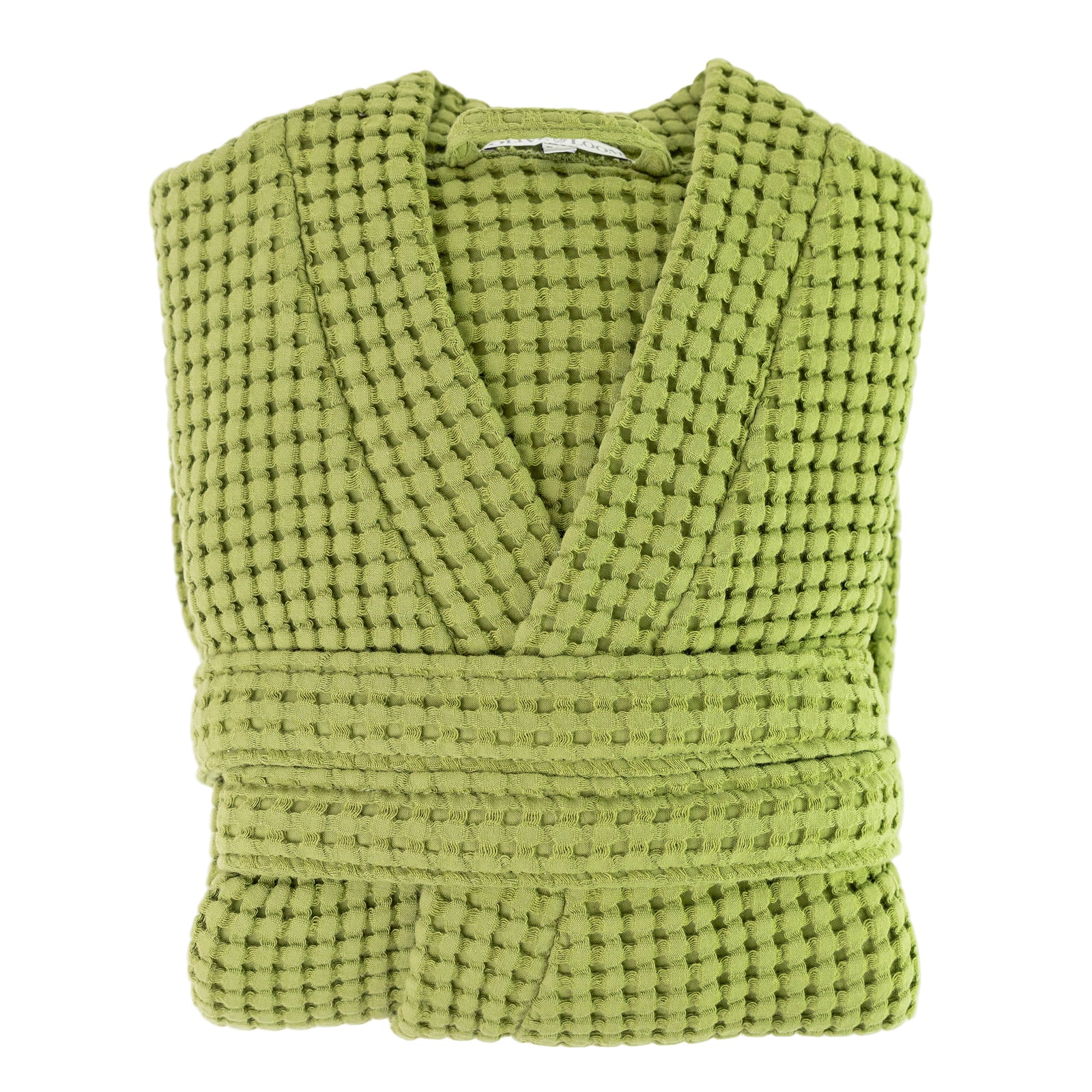 Sage green waffle robe with a visible olive and loom brand label on a white background