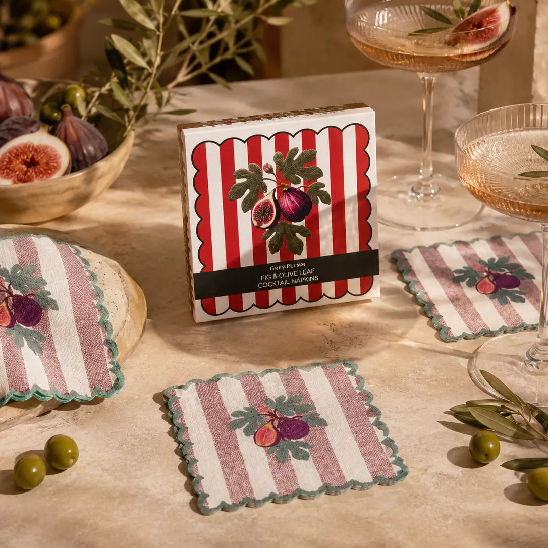Fig & Olive Leaf Embroidered Cocktail Napkins, Set of 4