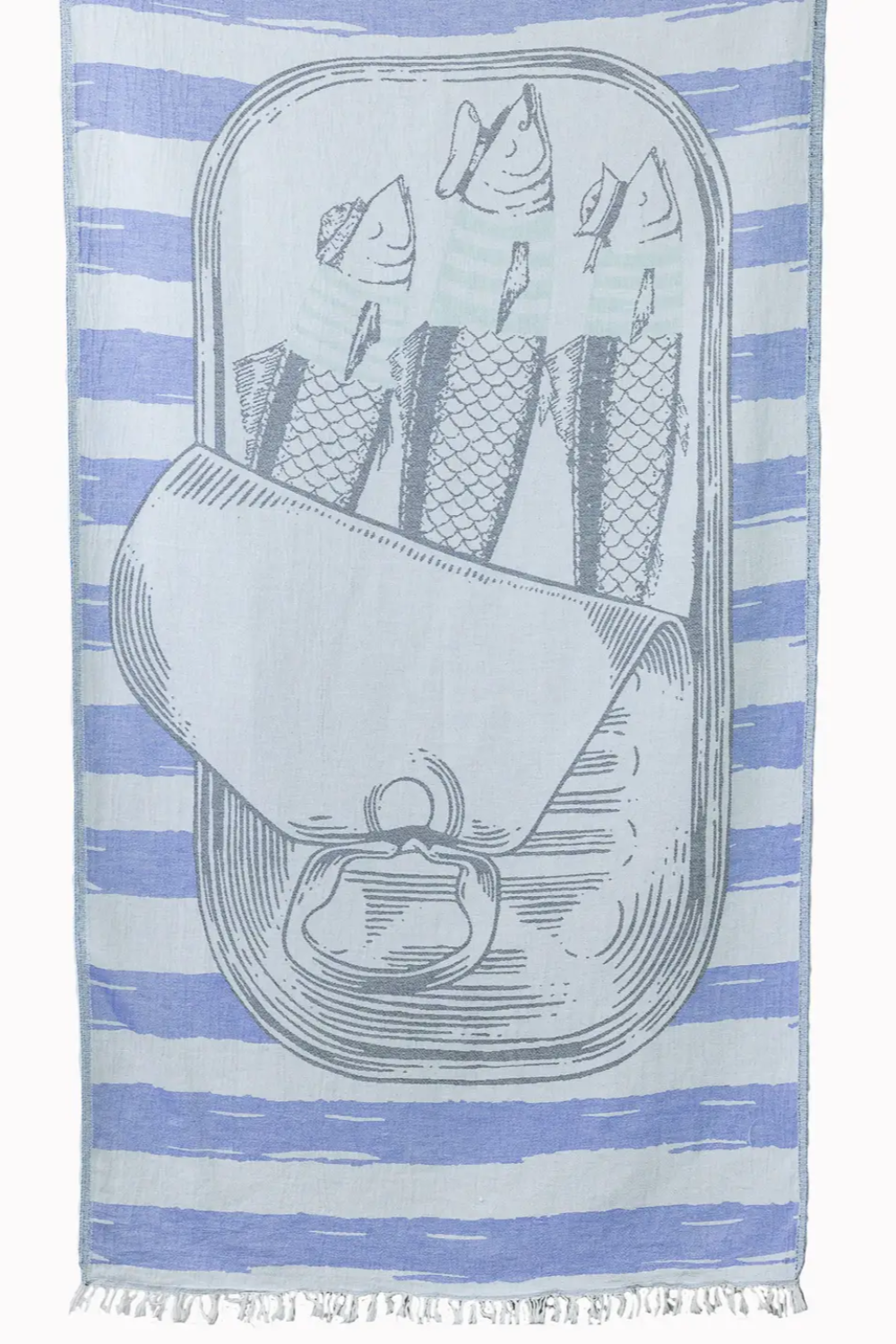 A blue and white striped Turkish beach towel with a jacquard design featuring a sardine tin.