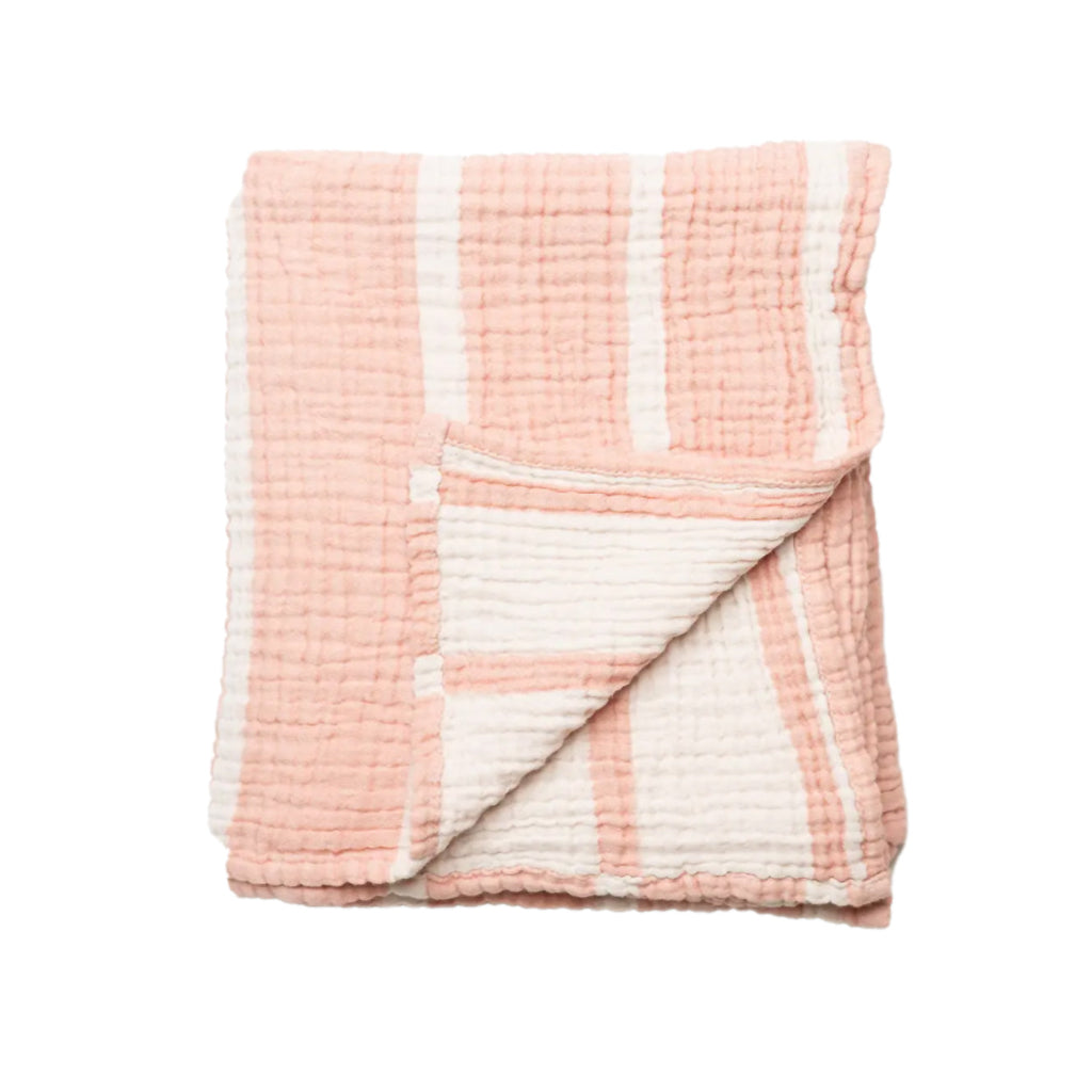 Pink and white striped baby blanket on a white background