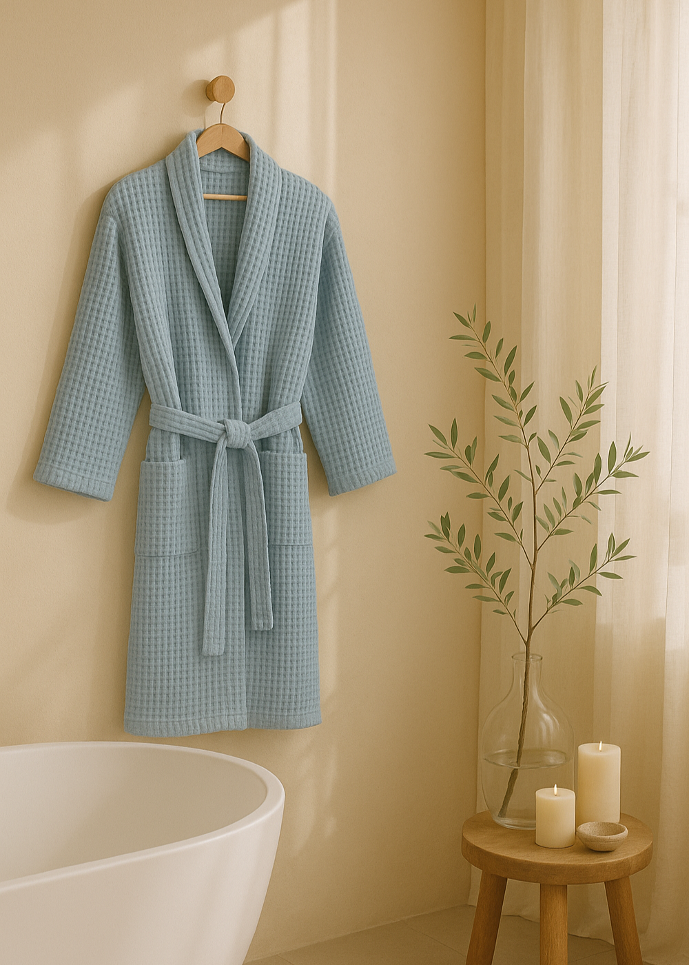 Sky blue colored waffle bath robe in a stylish bathroom scene next to a modern tub and lit candles 