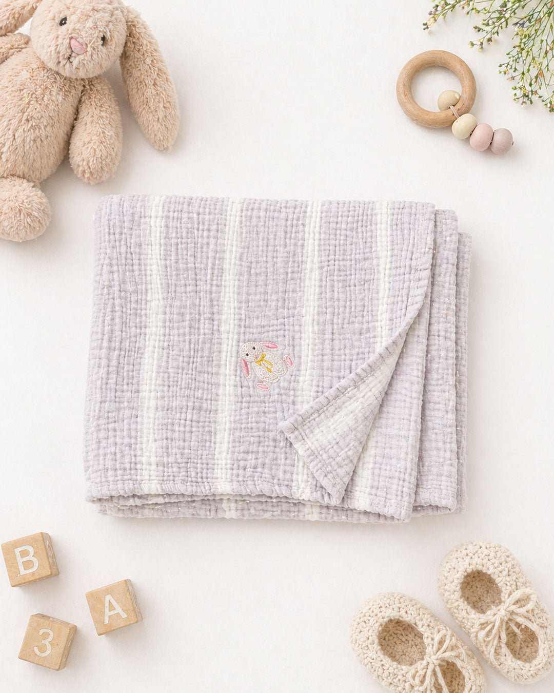 Bunny Embroidered Muslin Baby Blanket
