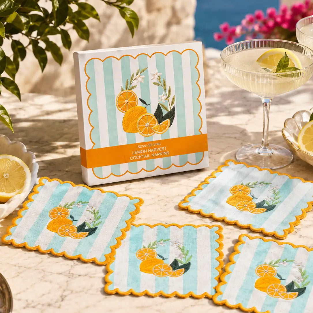 Lemon Harvest Embroidered Cocktail Napkins, Set of 4