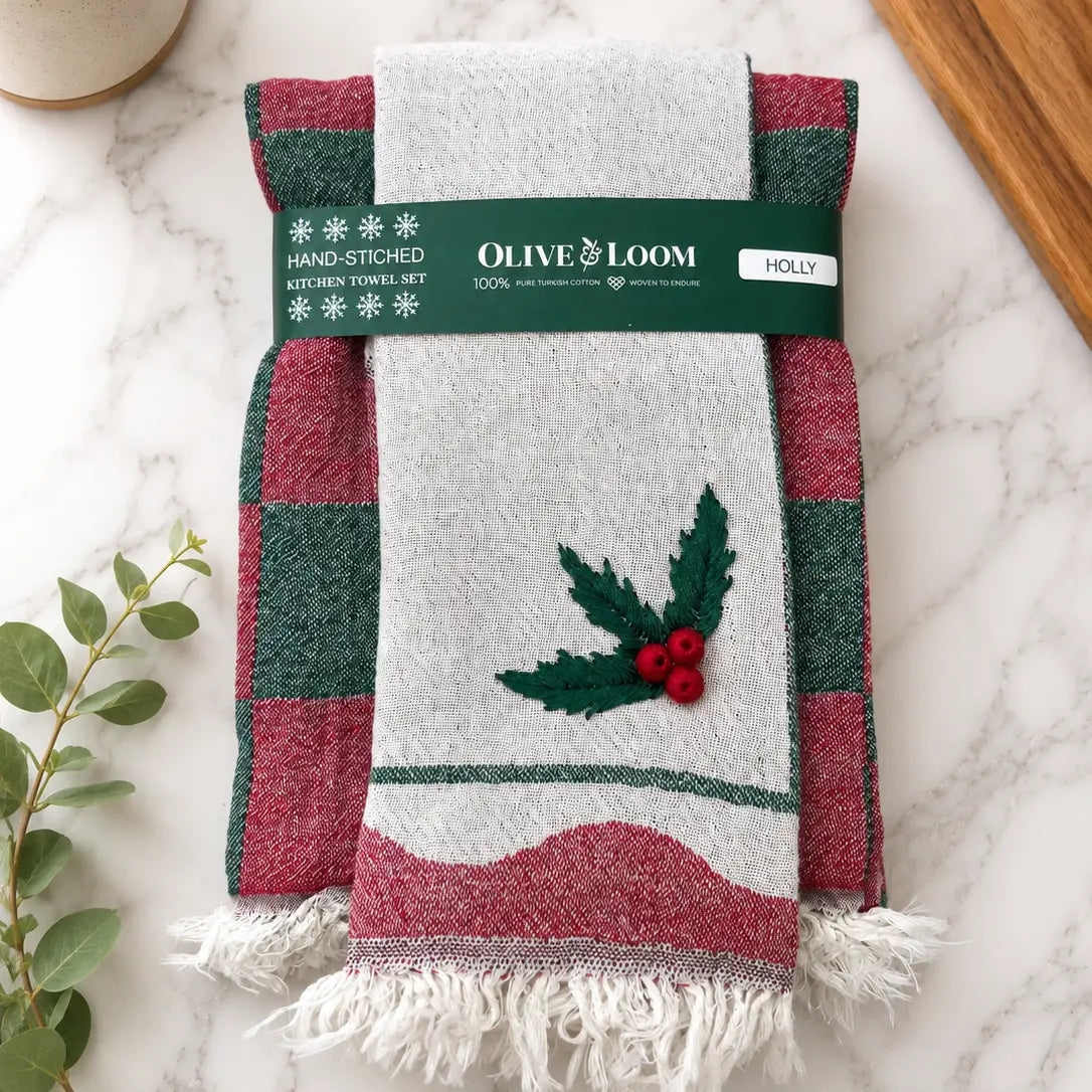 Holly Hand-Stitched Tea Towel Set